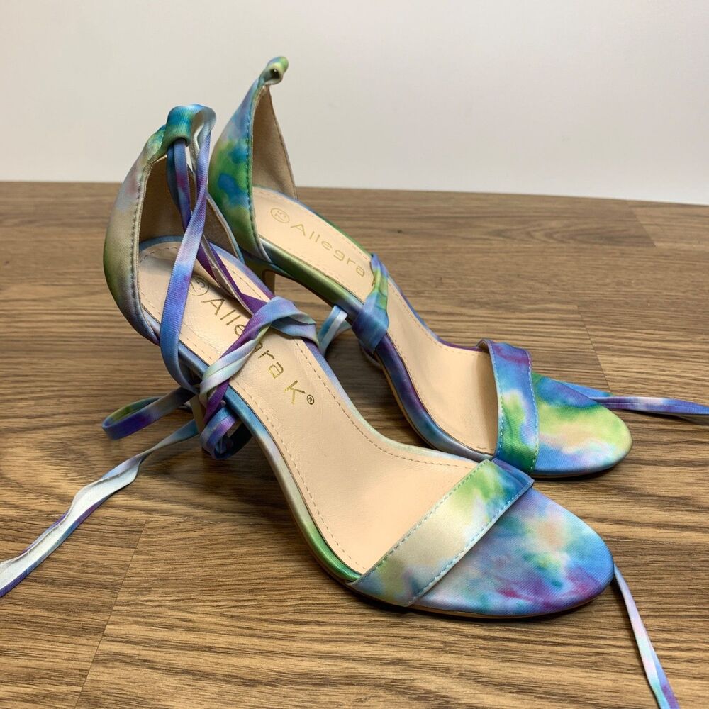 Allegra K Womens Open‎ Toe Watercolor Heel Printed Ankle Strap Sandals Size 7.5
